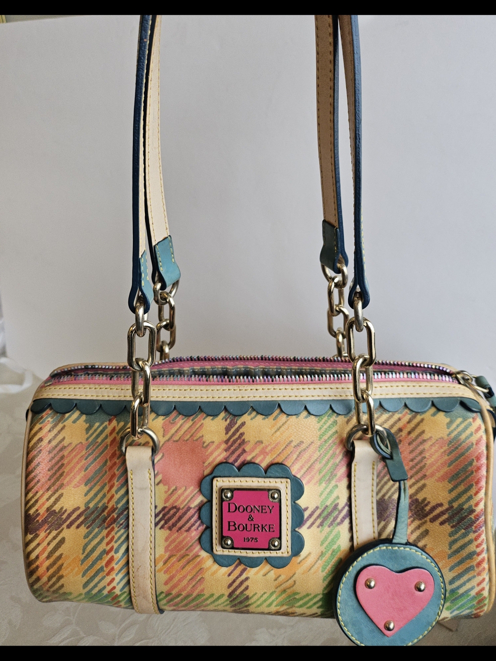 Dooney & Bourke Multicolor Plaid Satchel with Teal Trim and Pink Heart Charm